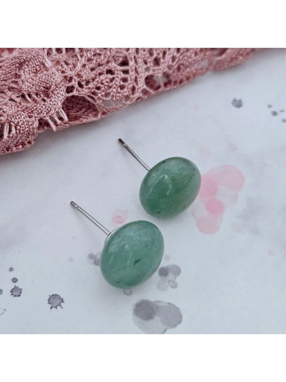 Green Aventurine Silver Stud Earrings - Picture 3 of 4